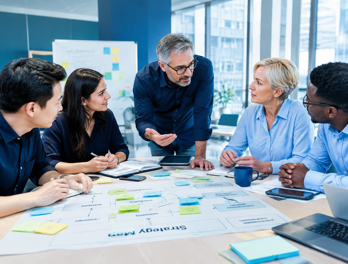 A leadership team collaborating over a strategy map